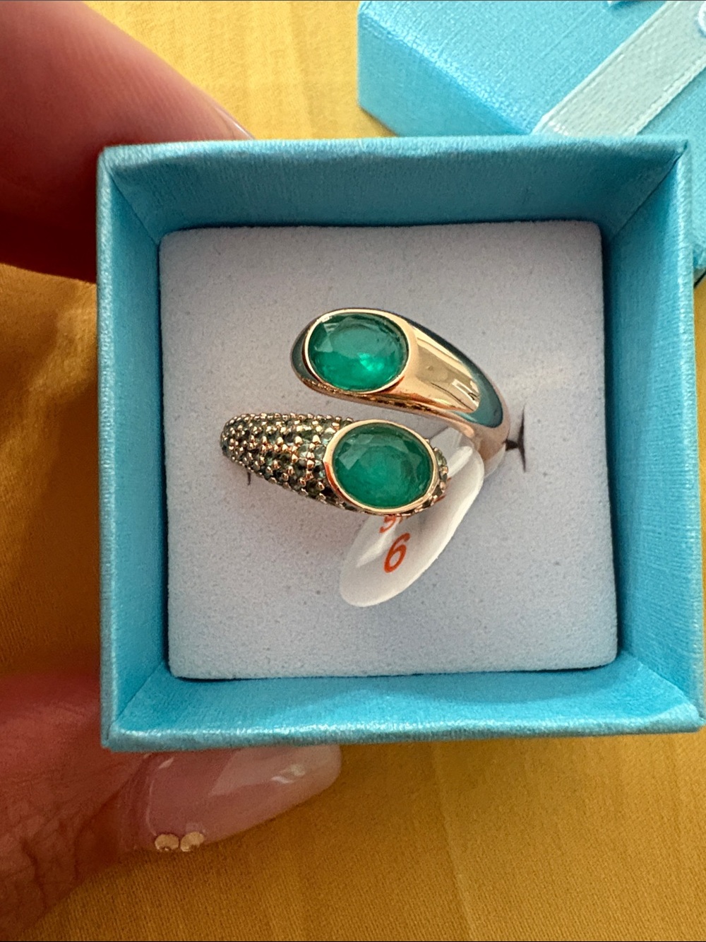 Gold-Tone Double Emerald Ring with Pavé Accent - Green